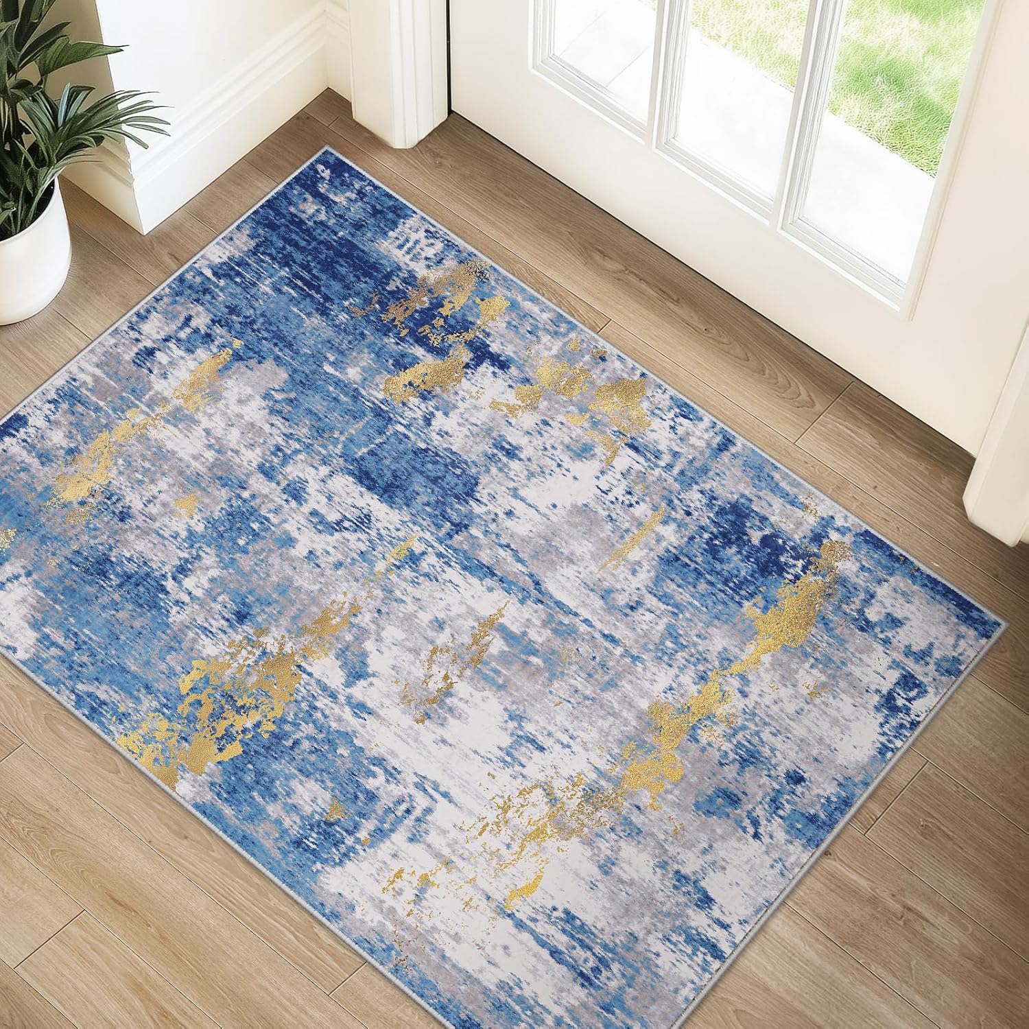 Raleyo Washable 2'x3' Abstract Area Rug for Living Room Blue Gold