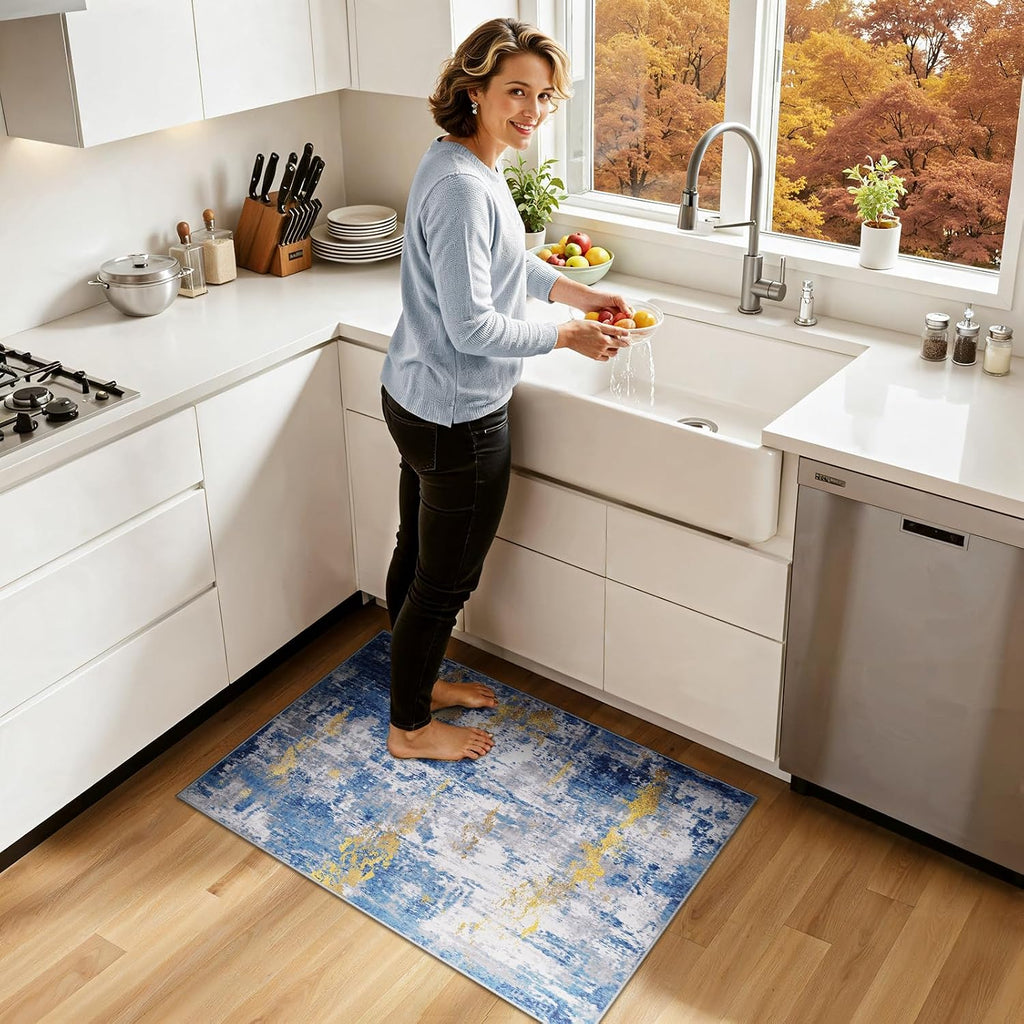 Raleyo Washable 2'x3' Abstract Area Rug for Living Room Blue Gold