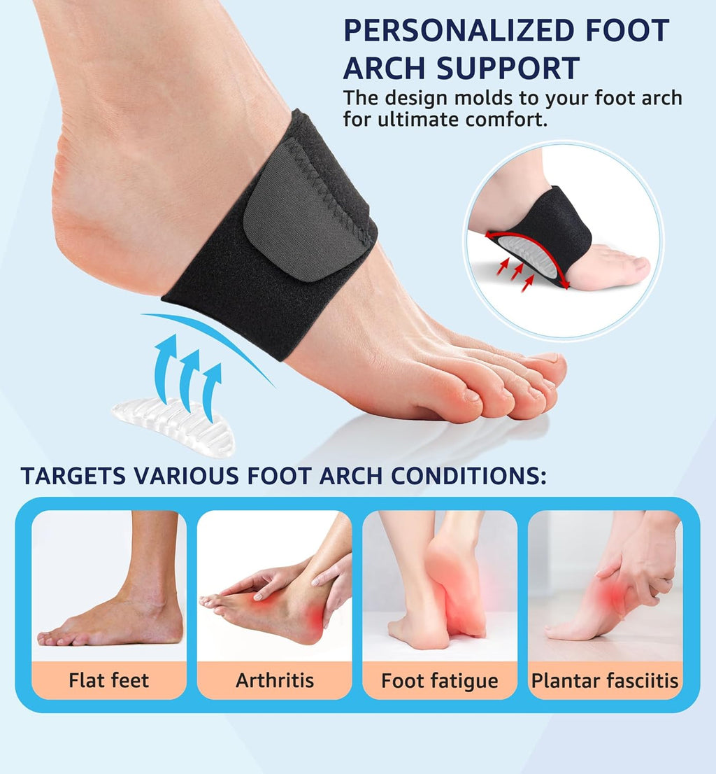 Wogan Arch Support Braces (Pair) for Plantar Fasciitis Relief - Adjustable Neoprene Arch Support Wraps with Gel Pads for Flat Feet High