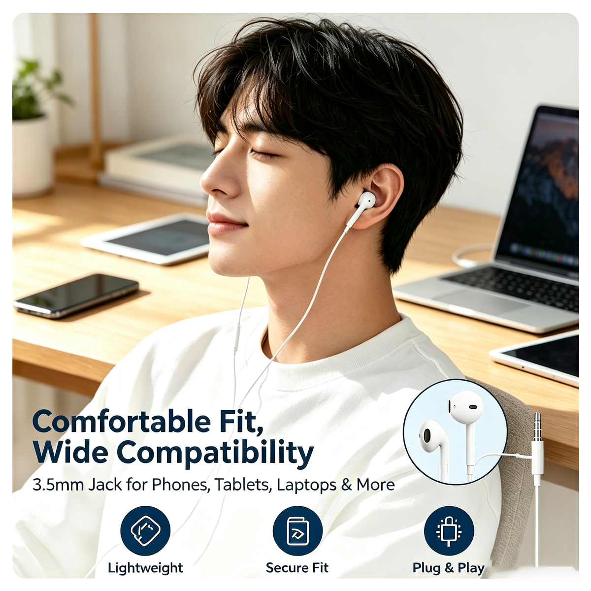 Adorve Wired Earphones with 3.5mm Jack, in-Ear Headphones with Built-in Microphone and Volume Control, Stereo Sound Headset Compatible with Phones, Tablets, Laptops, PC, Gaming, Music, Calls & Online Learning