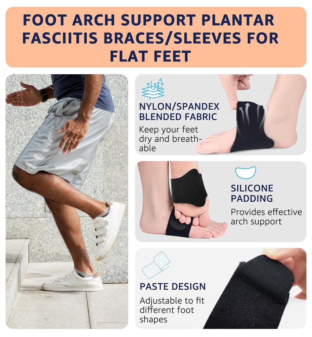 Wogan Arch Support Braces (Pair) for Plantar Fasciitis Relief - Adjustable Neoprene Arch Support Wraps with Gel Pads for Flat Feet High
