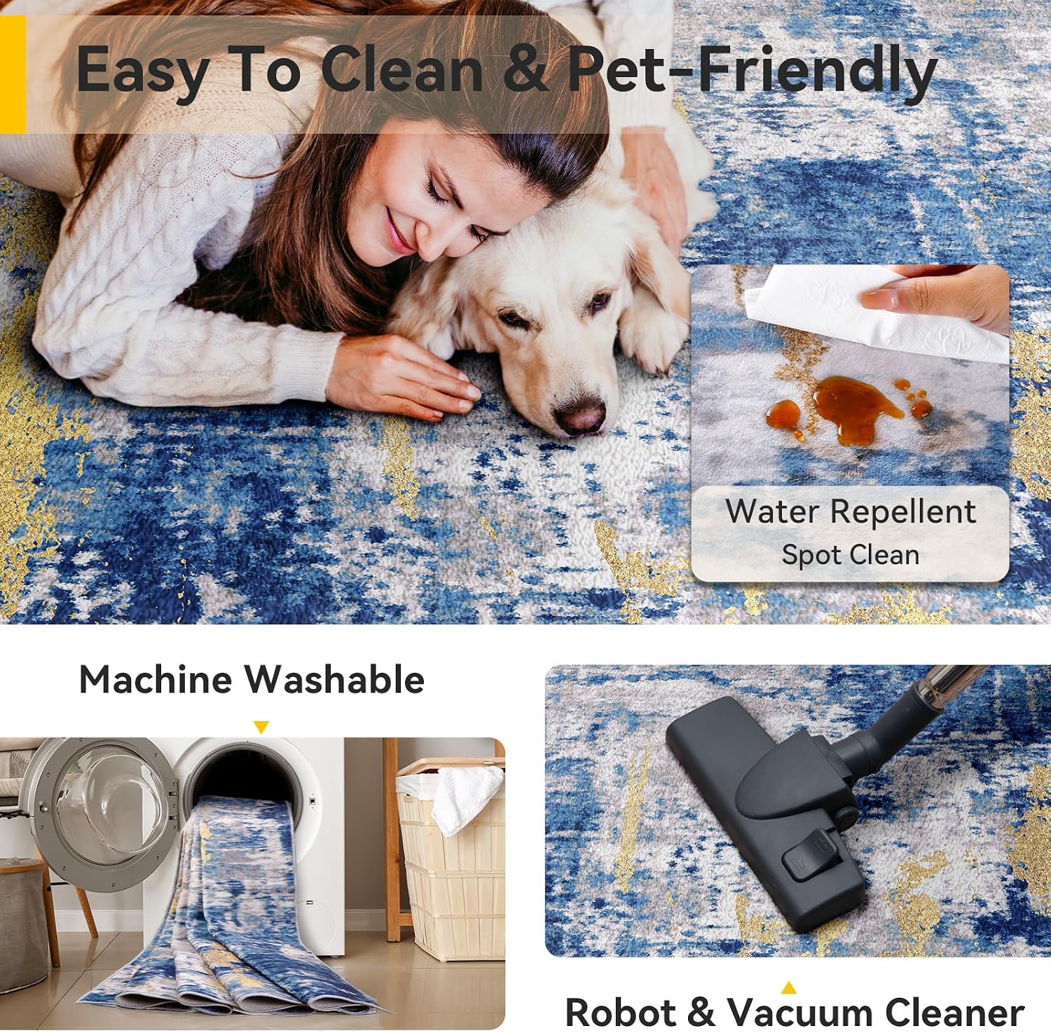 Raleyo Washable 2'x3' Abstract Area Rug for Living Room Blue Gold