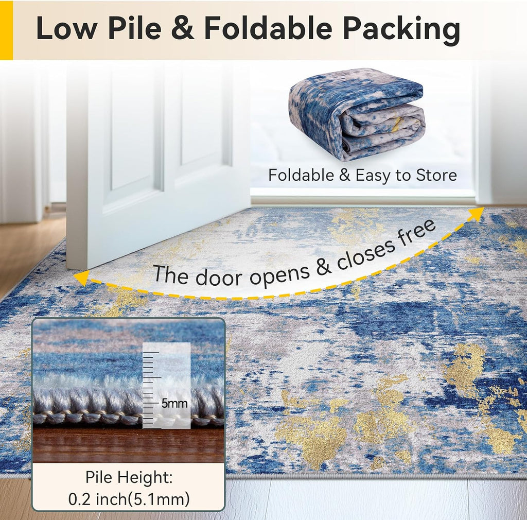 Raleyo Washable 2'x3' Abstract Area Rug for Living Room Blue Gold