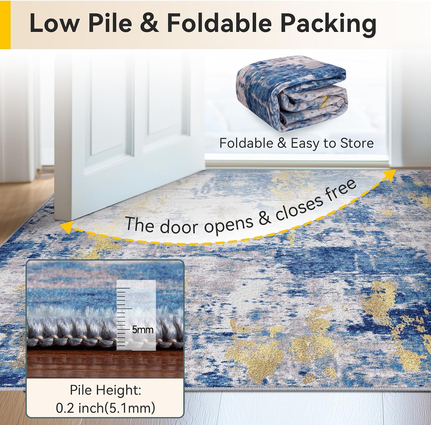 Raleyo Washable 2'x3' Abstract Area Rug for Living Room Blue Gold